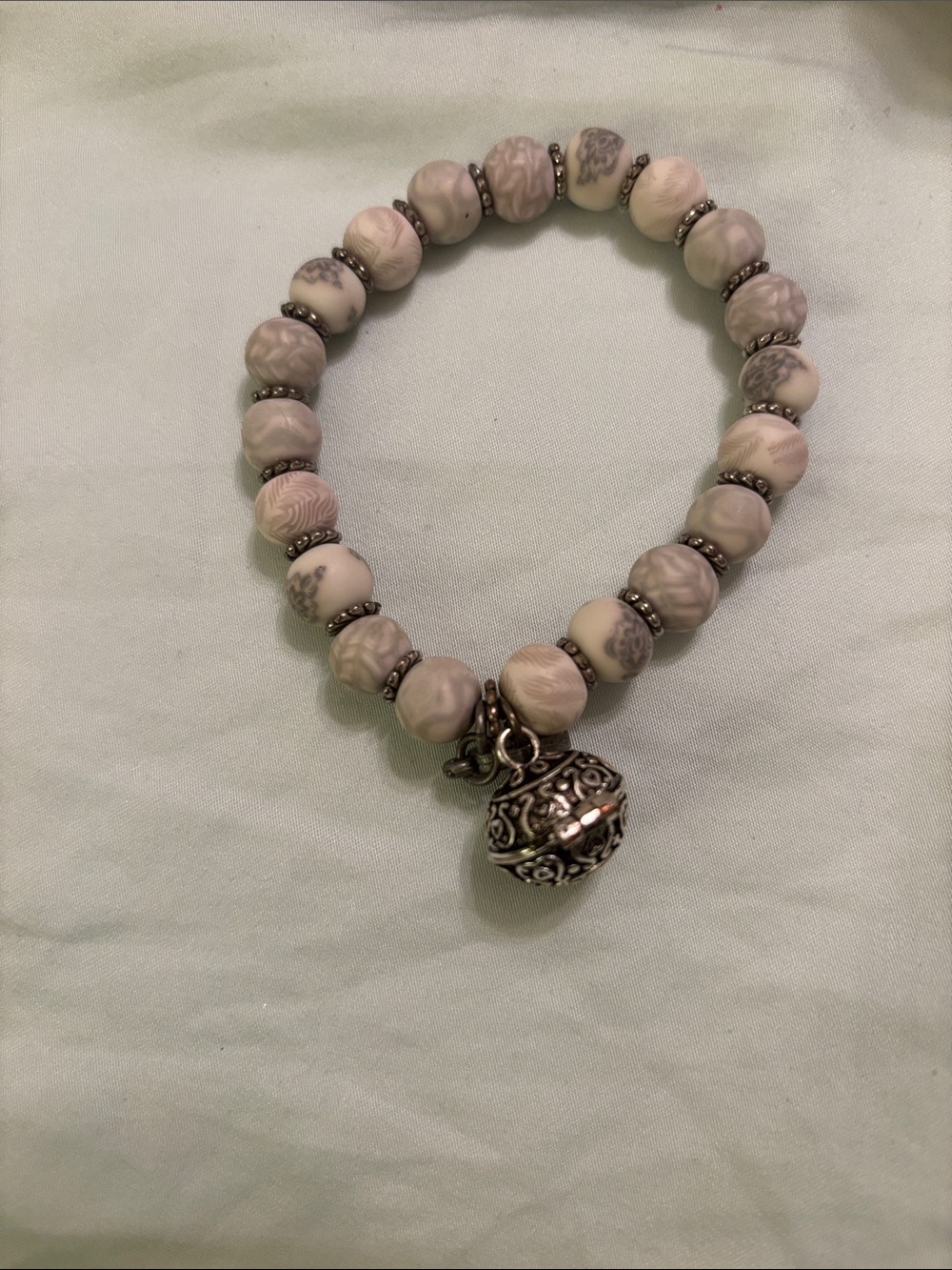 Handmade Cream & Silver Beaded Charm Bracelet